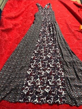Marisol Boho Paisley Maxi Dress Small Burgundy Navy Smocked Rayon